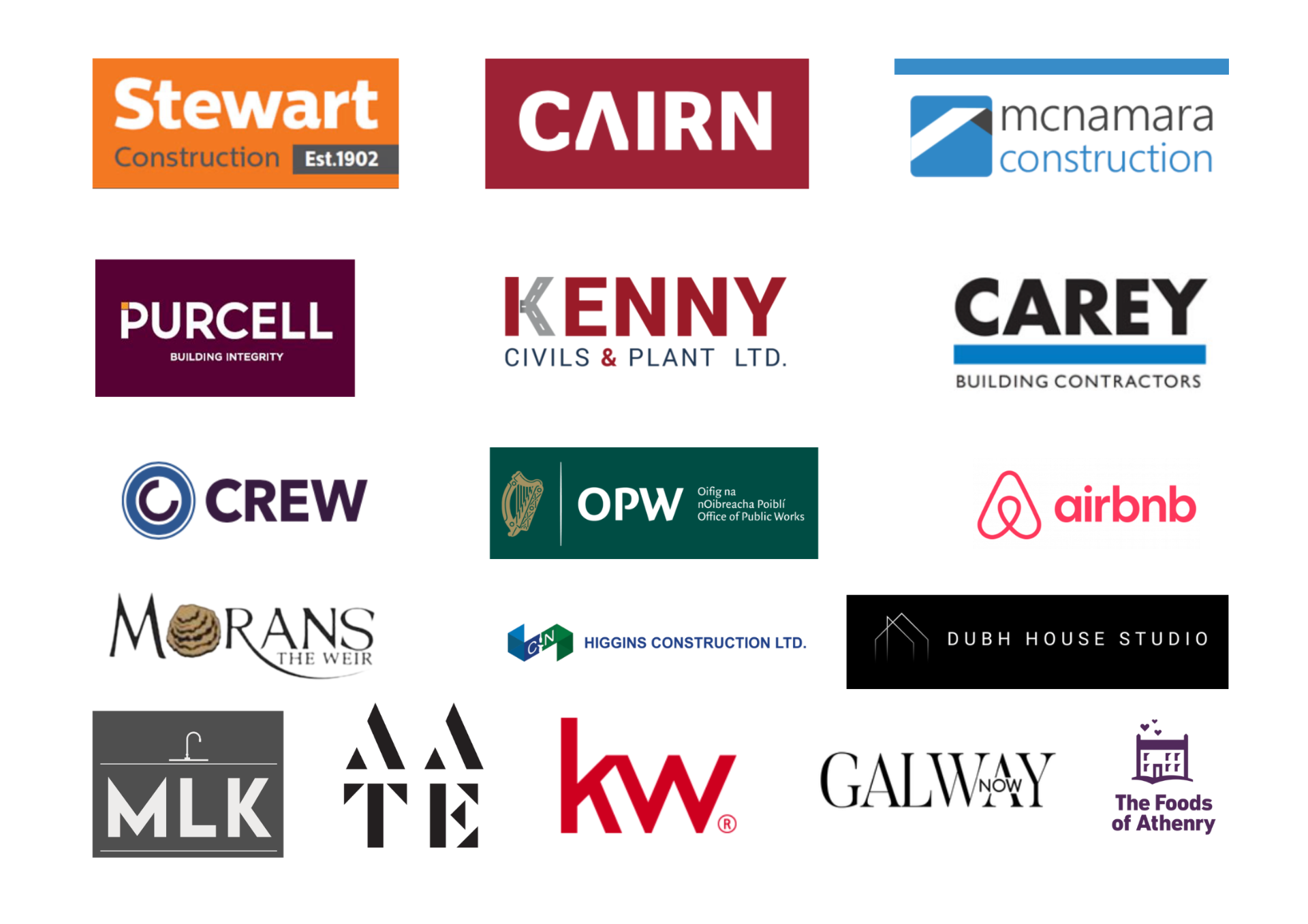 Logos of trusted clients of Fitzpatrick Creative Photography including Stewart Construction, Cairn Homes, McNamara Construction, Purcell, Kenny Civils, Morans, and others
